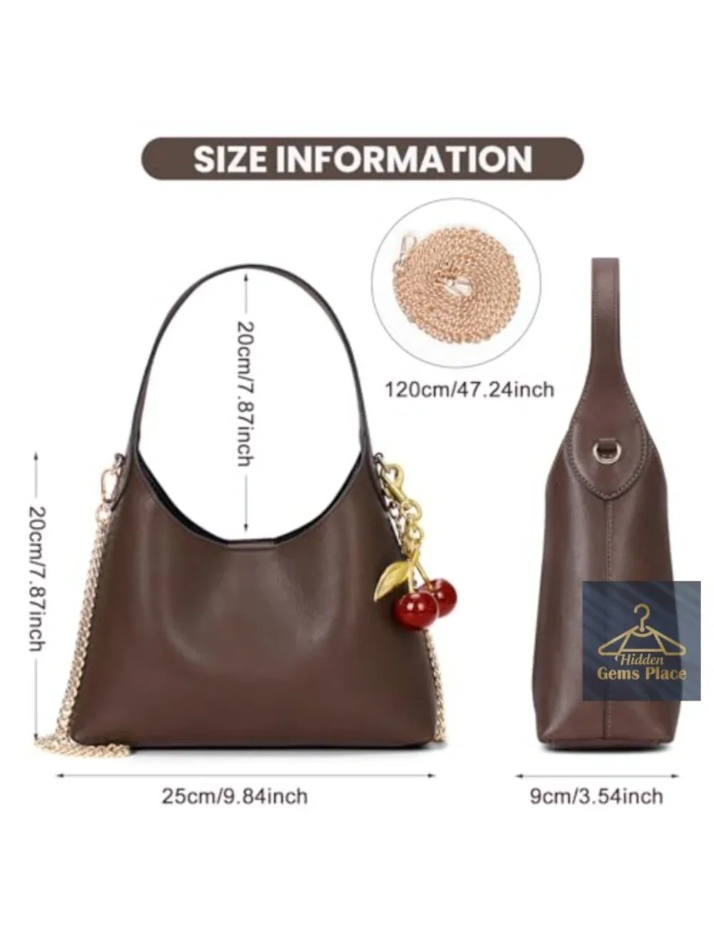 Faux Leather Small Hobo Bag Purse with Chain Strap Cherry Pendant Crossbody